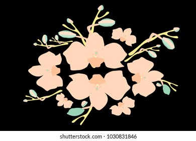Abstract orchid pattern. Gentle flowers background. Vector illustration for invitation, card, celebration, party, carnival, festive holiday and Your project. Black Background