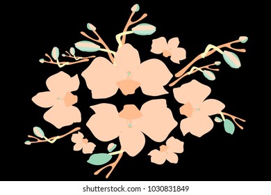 Abstract orchid pattern. Gentle flowers background. Vector illustration for invitation, card, celebration, party, carnival, festive holiday and Your project. Black Background