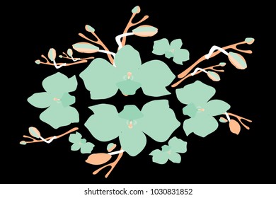 Abstract orchid pattern. Gentle flowers background. Vector illustration for invitation, card, celebration, party, carnival, festive holiday and Your project. Black Background