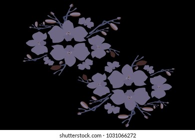 Abstract orchid pattern. Gentle flowers background. Vector illustration for invitation, card, celebration, party, carnival, festive holiday and Your project. Black Background