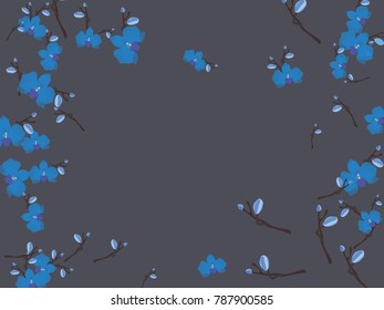 Abstract orchid pattern. Gentle flowers background. Vector illustration for invitation, card, celebration, party, carnival, festive holiday and Your project. Dark grey Background