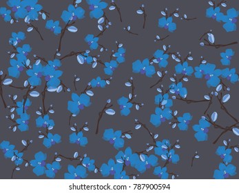 Abstract orchid pattern. Gentle flowers background. Vector illustration for invitation, card, celebration, party, carnival, festive holiday and Your project. Dark grey Background