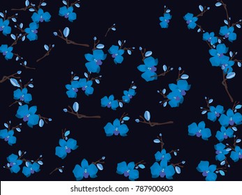 Abstract orchid pattern. Gentle flowers background. Vector illustration for invitation, card, celebration, party, carnival, festive holiday and Your project. Dark grey Background