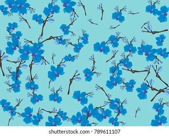 Abstract orchid pattern. Gentle flowers background. Vector illustration for invitation, card, celebration, party, carnival, festive holiday and Your project. Gentle blue Background