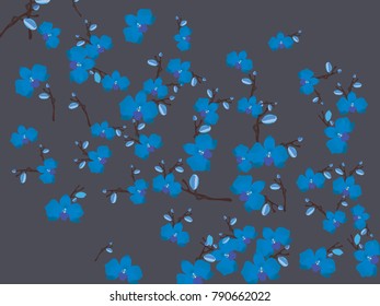 Abstract orchid pattern. Gentle flowers background. Vector illustration for invitation, card, celebration, party, carnival, festive holiday and Your project. Dark grey Background