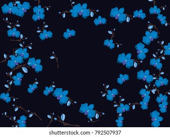 Abstract orchid pattern. Gentle flowers background. Vector illustration for invitation, card, celebration, party, carnival, festive holiday and Your project. Dark grey Background