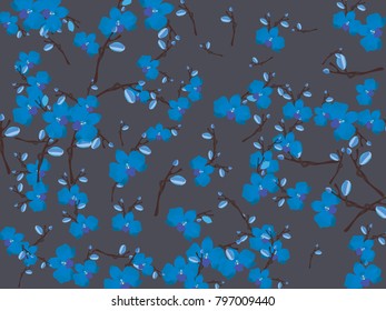 Abstract orchid pattern. Gentle flowers background. Vector illustration for invitation, card, celebration, party, carnival, festive holiday and Your project. Dark grey Background