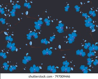 Abstract orchid pattern. Gentle flowers background. Vector illustration for invitation, card, celebration, party, carnival, festive holiday and Your project. Dark grey Background