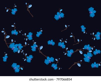 Abstract orchid pattern. Gentle flowers background. Vector illustration for invitation, card, celebration, party, carnival, festive holiday and Your project. Dark grey Background