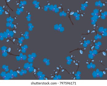 Abstract orchid pattern. Gentle flowers background. Vector illustration for invitation, card, celebration, party, carnival, festive holiday and Your project. Dark grey Background