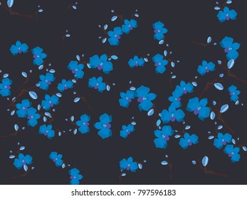 Abstract orchid pattern. Gentle flowers background. Vector illustration for invitation, card, celebration, party, carnival, festive holiday and Your project. Dark grey Background