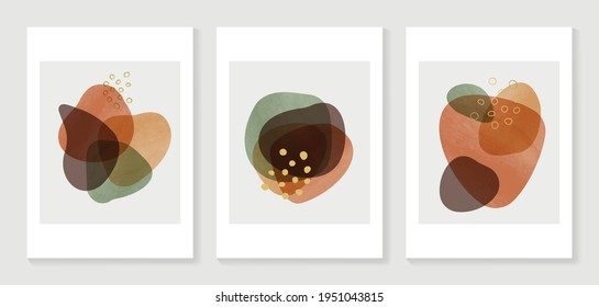 Resumen del vector de fondo de arte orgánico. Pintado a mano Fluido, formas curvadas y colores tenues a mediados de siglo con textura de mancha acuarela y arte de línea dorada. Buena invitación, afiche, huellas, arte de pared