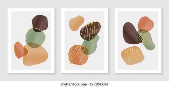 Abstract organic art background vector. Hand painted Fluid, curving forms and muted mid-century colors with watercolor stain texture and golden line art. Good for invitation, poster, prints, wall art