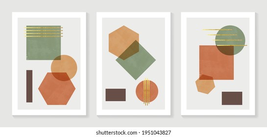 Abstract organic art background vector. Hand painted Fluid, curving forms and muted mid-century colors with watercolor stain texture and golden line art. Good for invitation, poster, prints, wall art