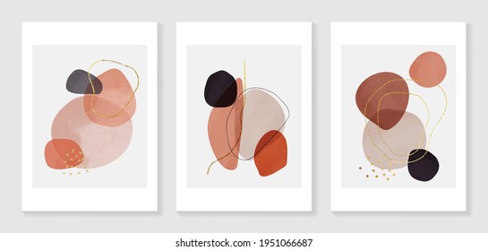 Abstract organic art background vector. Hand painted Fluid, curving forms and muted mid-century colors with watercolor stain texture and golden line art. Good for invitation, poster, prints, wall art