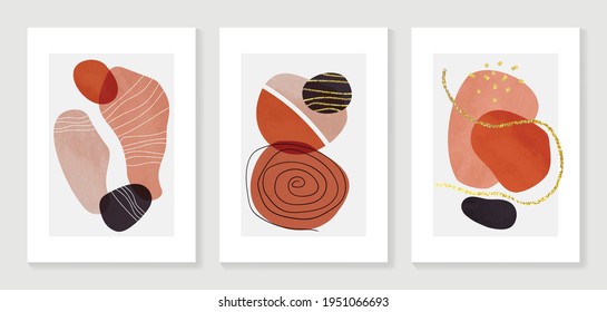 Abstrakter organischer Kunsthintergrund, Vektorgrafik. Handgemalt Fluid, kurvende Formen und mutierte Farben aus der Mitte des Jahrhunderts mit Aquarellfarbenfleckstruktur und goldener Linienkunst. Gut für Einladung, Plakat, Drucke, Wandkunst