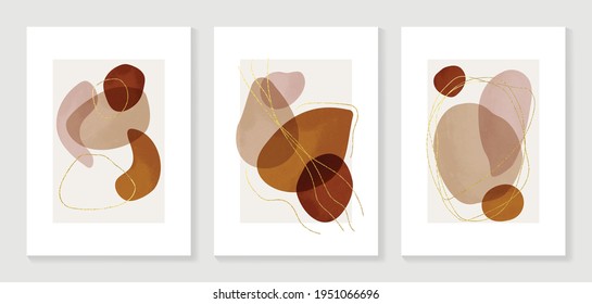 Resumen del vector de fondo de arte orgánico. Pintado a mano Fluido, formas curvadas y colores tenues a mediados de siglo con textura de mancha acuarela y arte de línea dorada. Buena invitación, afiche, huellas, arte de pared
