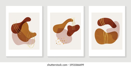 Resumen del vector de fondo de arte orgánico. Pintado a mano Fluido, formas curvadas y colores tenues a mediados de siglo con textura de mancha acuarela y arte de línea dorada. Buena invitación, afiche, huellas, arte de pared
