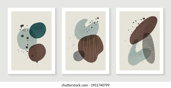 Abstract organic art background vector. Hand painted Fluid, curving forms and muted mid-century colors with watercolor stain texture and golden line art. Good for invitation, poster, prints, wall art