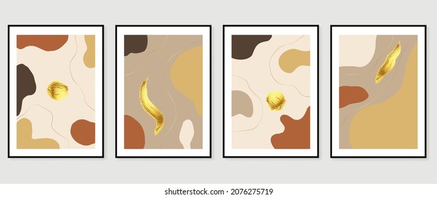 Abstract organic art background vector. Hand painted Fluid, curving forms and muted mid-century colors with watercolor stain texture and golden line art. Good for invitation, poster, prints, wall art
