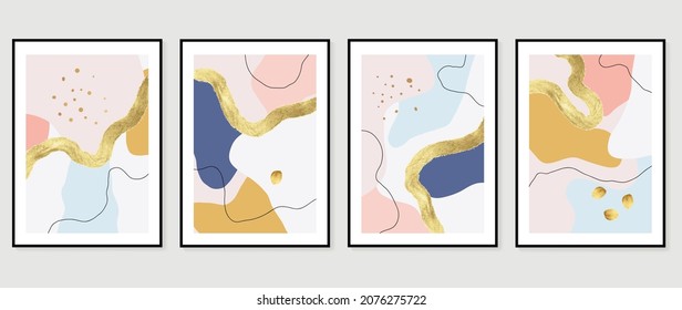 Abstract organic art background vector. Hand painted Fluid, curving forms and muted mid-century colors with watercolor stain texture and golden line art. Good for invitation, poster, prints, wall art
