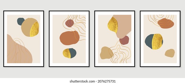 Abstract organic art background vector. Hand painted Fluid, curving forms and muted mid-century colors with watercolor stain texture and golden line art. Good for invitation, poster, prints, wall art
