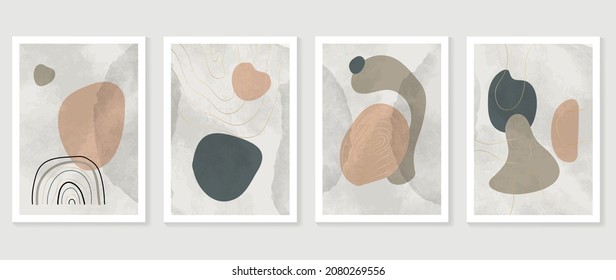 Abstract organic art background vector. Hand painted Fluid, curving forms and muted mid-century colors with watercolor stain texture and golden line art. Good for invitation, poster, prints, wall art