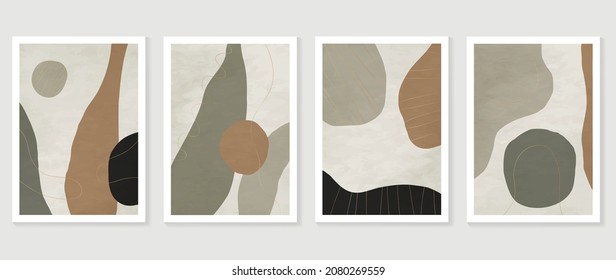 Abstract organic art background vector. Hand painted Fluid, curving forms and muted mid-century colors with watercolor stain texture and golden line art. Good for invitation, poster, prints, wall art