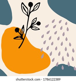 Abstract organic background with shapes and hand drawn plants in warm colors. Vegetal seamless pattern design with sprigs and berries in Scandinavian style. Vector illustration.