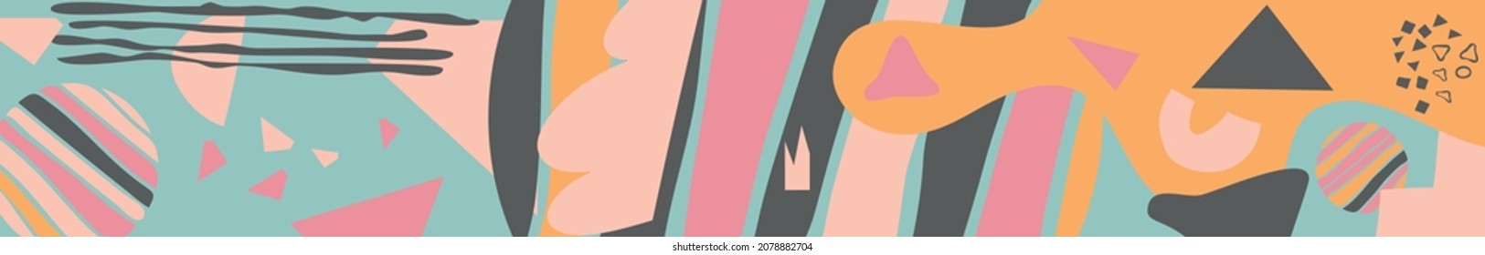 Resumen del fondo orgánico. Una disposición rectangular muy larga. Formas de doodle de colores suaves. Fondo orgánico para banner, sitios, red social, folleto, páginas web, aplicaciones, tarjeta de saludo. Vector de acciones