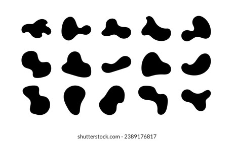 Abstract organic black fluid blobs and liquid shadows random shapes. Liquid shapes, round abstract elements. Simple blotch water forms. Vector illustration on white bg.