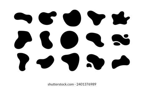 Abstract organic black fluid blobs and liquid shadows random shapes. Liquid shapes, round abstract elements. Simple blotch water forms. Vector illustration on white bg.