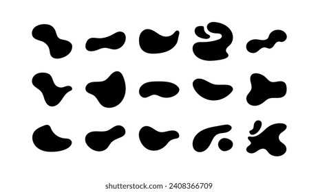 Abstract organic black fluid blobs irregular shapes set of collection for speech bubbles. Liquid shapes, round abstract elements. Simple blotch water forms. Vector illustration on white bg.