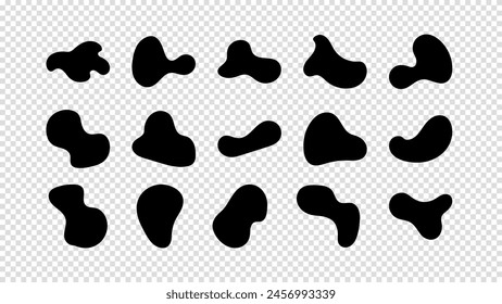 Abstract organic black fluid blobs irregular shapes set of collection for speech bubbles. Liquid shapes, round abstract elements. Simple blotch water forms. Vector illustration on a transparent bg.