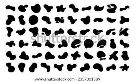 Abstract organic black fluid blobs and liquid shadows random shapes. Liquid shapes, round abstract elements. Simple blotch water forms. Vector illustration on white bg. Big set shapes.