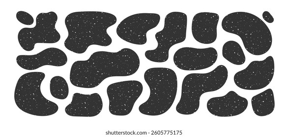 Abstract organic blob shapes with rough grainy texture. Hand drawn irregular fluid forms with scratch effect. Modern minimalistic shapes for branding, poster, packaging, social media, creative layouts