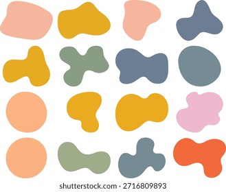 Abstrakte organische Blobformen Set mit flüssigen flüssigen Elementen in erdigen Pastellfarben. Wellenförmige runde Formen und weiche flüssige Doodle-Elemente. Moderne minimalistische ovale Formen.