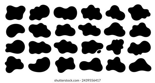 Abstract organic blobs, rounded irregular shapes. Pattern of random fluid forms, black silhouettes of liquid splats, ink stains and splashes. Set of paint blobs and liquid shapes, vector illustration