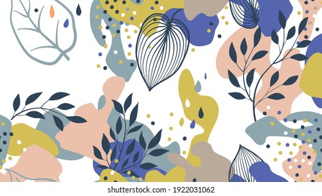 Abstract organic blots and leaves seamless pattern in trendy style. Stylish background with dots and flowing floral shapes.