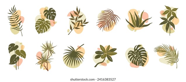 Abstract organic boho leaf and plant shapes. Isolated vector set of lush foliage, palm trees or monstera decorative elements, embracing a boho-chic aesthetic, evoke natural vibe in bohemian style