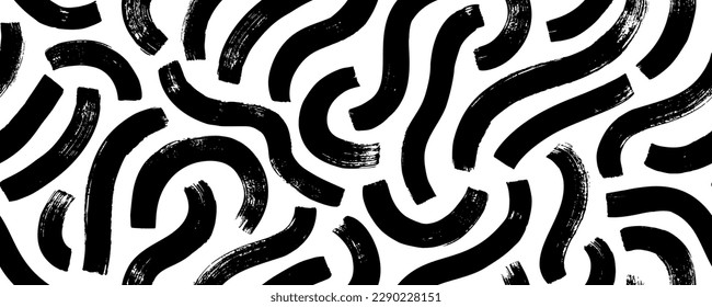 Abstract organic bold lines seamless pattern. Brush drawn black squiggles, thick curved brush strokes. Fun vector seamless pattern with wavy lines. Creative doodle organic bold strokes.