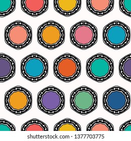 Abstract organic cut dotty circles. Vector pattern seamless background. Hand drawn tin top lid style. Polka dot stripes graphic illustration. Trendy home decor, kid fashion print, retro art wallpaper.