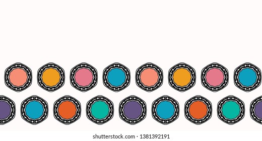 Abstract organic cut dotty circles. Vector border pattern seamless background. Hand drawn textured style. Polka dot stripes graphic illustration. Trendy retro ribbon trim home decor, boho kids fashion