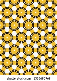 Abstract organic cut dotty circles. Vector pattern seamless background. Hand drawn textured style. Polka dot quilt grid graphic illustration. Trendy home decor, fashion print, retro yellow wallpaper.
