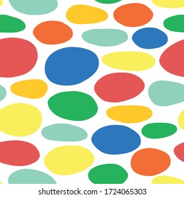 Abstract organic cut out dot shapes blue, red, yellow, green, orange. Vector pattern seamless background. Hand paper cutting matisse style. Collage illustration. Use for fabric, wrapping, kids decor