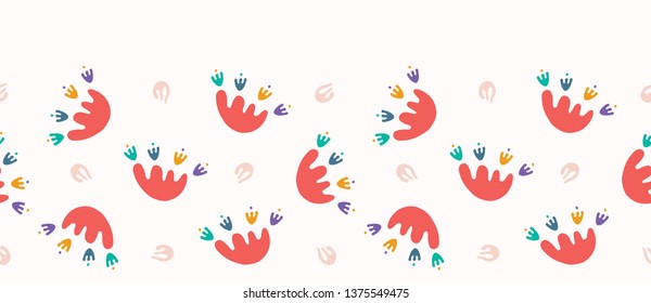 Abstract organic cut out flower shape. Vector border pattern seamless background. Hand paper cutting matisse style. Collage floral illustration. Trendy decor, kid fashion edge trim. Tossed fun colors.