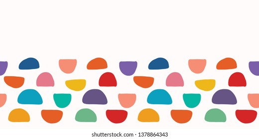 Abstract organic cut out half circle shape. Vector border pattern seamless background. Hand paper cutting matisse style. Collage  illustration. Trendy kid fashion edge stripe trim. Tossed fun colors.