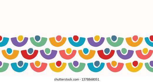 Abstract organic cut out half circle shape. Vector border pattern seamless background. Hand paper cutting matisse style. Collage illustration. Trendy kid fashion edge stripe trim. Rainbow dot colors.