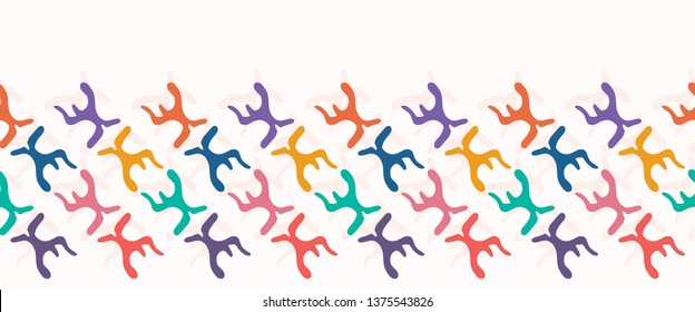 Abstract organic cut out shapes. Vector border pattern seamless background. Hand paper cutting matisse style. Collage graphic illustration. Trendy home decor, kid fashion edge trim. Tossed fun colors