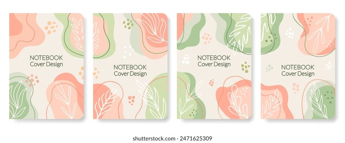 Abstractas libro de texto de diseño orgánico y Plantillas de diario con patrón de hojas. Conjunto de composición de marcos florales. Cubiertas botánicas estéticas del cuaderno. ILUSTRACIÓN VECTORIAL EPS 10.